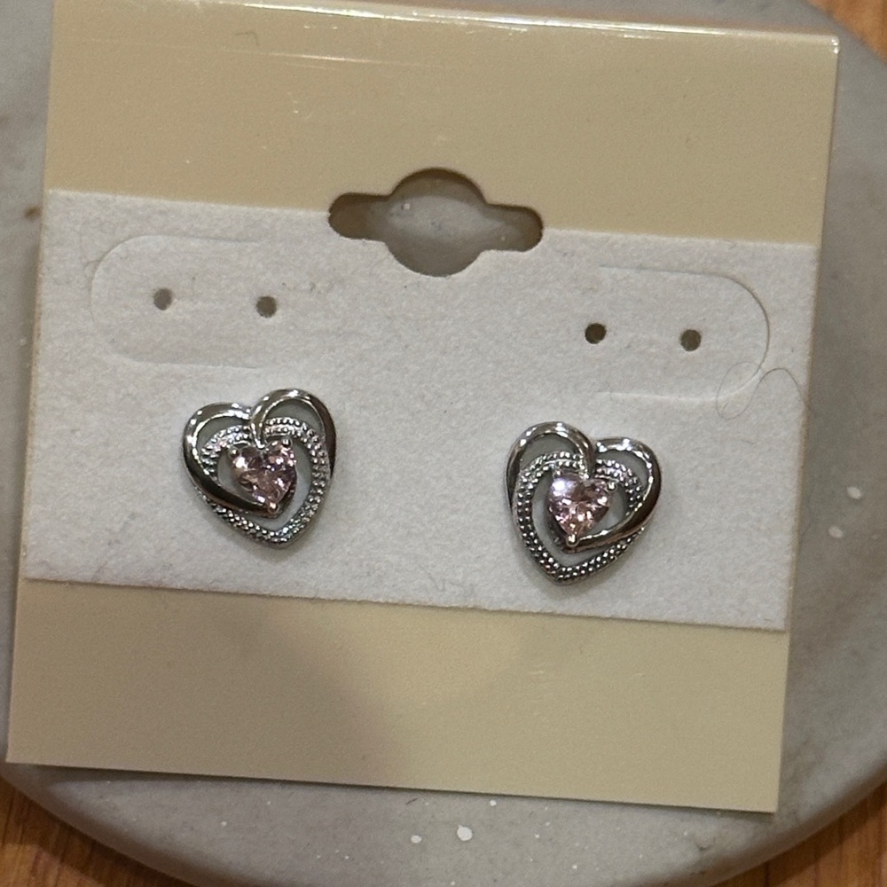 Silver Heart Earrings with Pink Gem